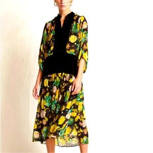 Warm Fun brand size 1= small black silk sheer velvet floral midi dress NWT